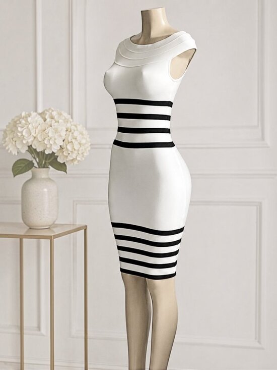 Dresses & Skirts - White Black Stripe Portrait Neck Sculpted Fit Bandage Dress | Boutique Style M